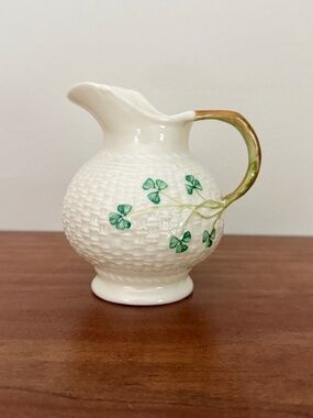 Belleek Basketweave Shamrock Creamer Pitcher 6th Green Mark Ireland